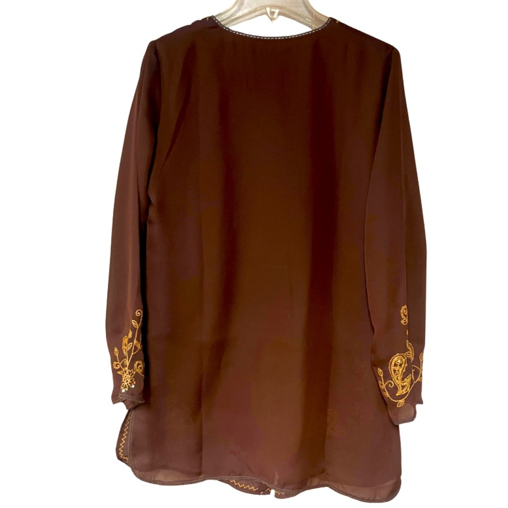 NWT Antthony Brown With Gold Embroidery Tunic Button Top, Sheer Sleeves, Sz M - Picture 2 of 7